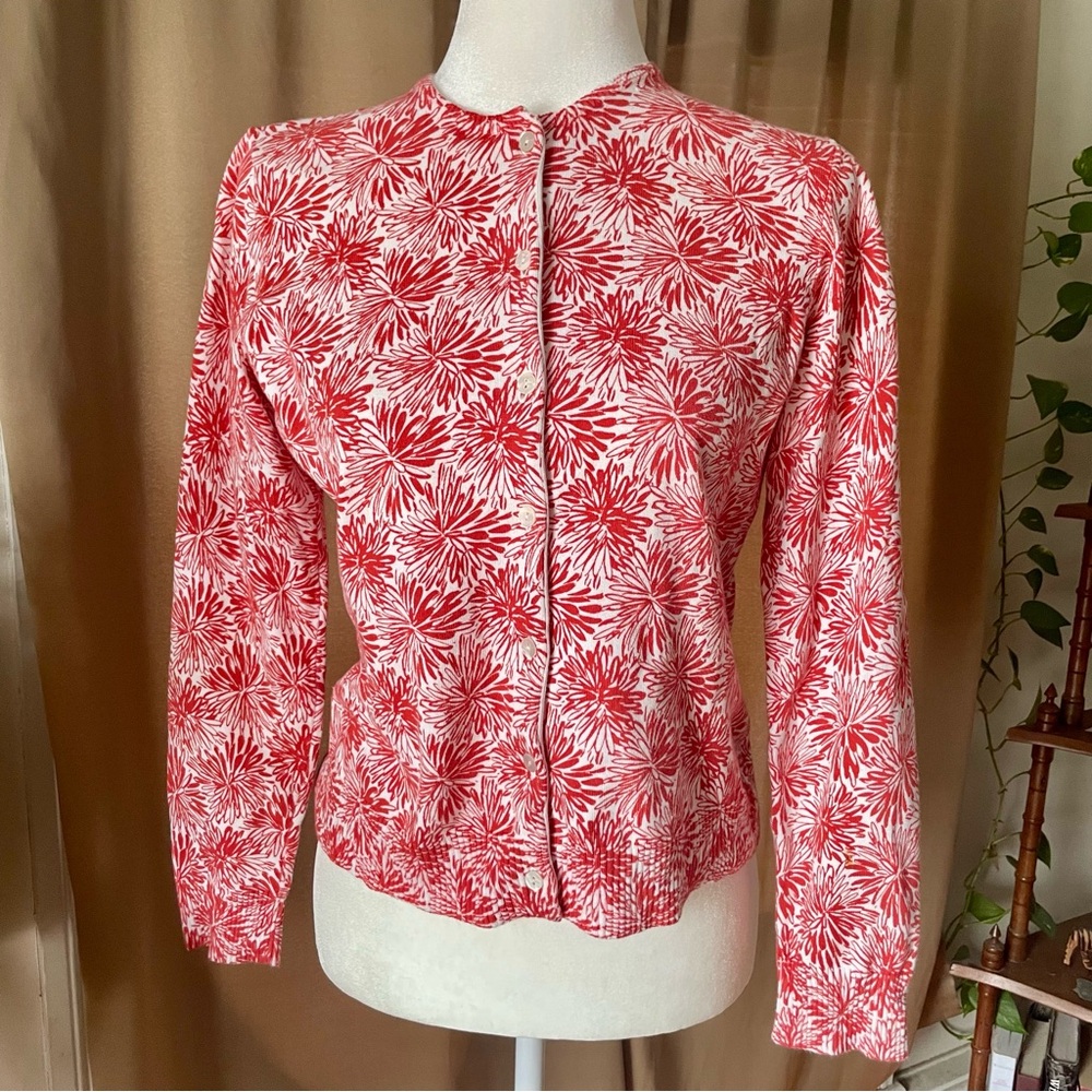 Lands' End Cotton Blend Button Cardigan Sweater Orange-Red White Floral Size XS